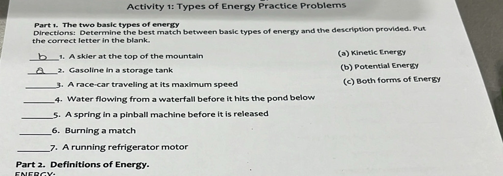 Solved: Activity 1: Types of Energy Practice Problems Part 1. The two ...