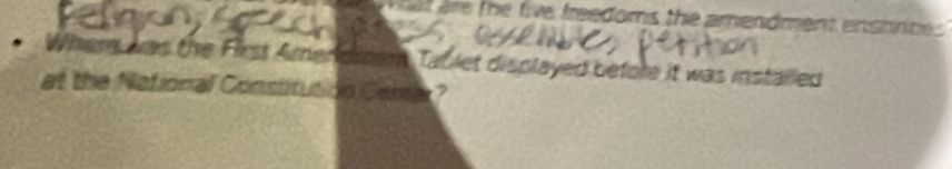 are te five freedoms the amendment enstrces 
Where was the First Amerdraem Tab let displayed before it was installed 
at the National Constitution Ceme ?