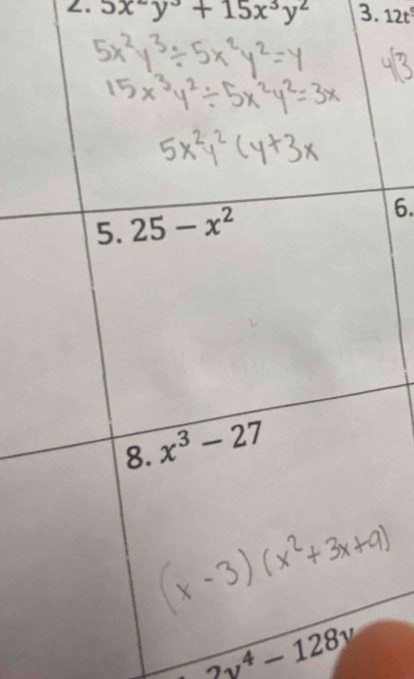 5x^2y^3+15x^3y^2 3. 12t^5
6.
2x^4-128y