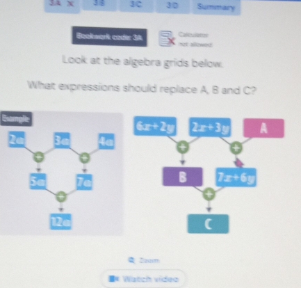 3.4° 38 3C 30 Summary
Calcullater
Baakwark cade 34 x not allowed 
Look at the algebra grids below.
What expressions should replace A, B and C?
Esample
Zzam
Watch video