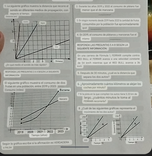 La siguiente gráfica muestra la distancia que recorre el 2. Durante los años 2019 y 2022 el consumo de plátano fue 
sonido en diferentes medios de propagación, con menor que el de manzana 
Distancia (am) respecto all tiempo. 
3. En ningún momento desde 2019 hasta 2023 la cantidad de frutos 
consumidos por la población fue aproximadamente 
igual 
4. En 2019, el consumo de plátanos y manzanas fue el 
mismo 
RESPONDA LAS PREGUNTAS 5 A 8 SEGÚN LA 
SIGUIENTE INFORMACIÓN: 
En una carrera de Fórmulla 1, FERRARI compite contra 
RED BULL el FERRARI avanza a una velocidad constamte 
¿En qué medio el sonido es más rápido? km/h de 54 km/h mientras que el RED BULL avanza a 36
RESPONDA LAS PREGUNTAS 2 a 4 sEGúN La SIGUIENTE 
INFORMACIÓN 5. Después de 30 minutos, ¿cuál es la distancia que 
separa los dos autos? 
El siguiente gráfico muestra el consumo de dos 6. ¿Aproximadamente cuántos kilómetros se alejan los 
frutas en una población, entre 2019 y 2023 
coches por minuto? 
7 Si la pista en la que compiten los autos tiene 5.33 km de 
largo, ¿cuántos minutos le toma al 
FERRARI recorrerla? 
8. ¿Cuál de las siguientes gráficas representa el 
movimiento de los dos autos? 

T 

Según la gráfica escribe si la afirmación es VERDADERA Tampo (Y) Tiorspo (N) 
σ FALSA