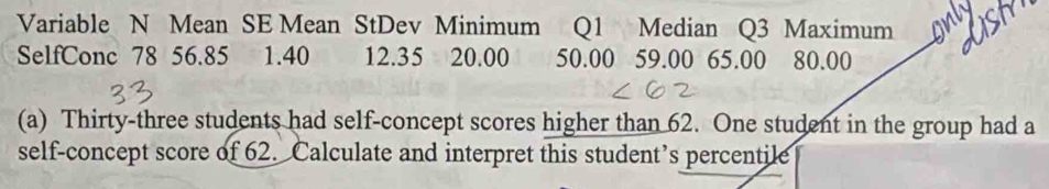 Variable N Mean SE Mean StDev Minimum Q1 Median Q3 Maximum 
SelfConc 78 56.85 1.40 12.35 : 20.00 50.00 59.00 65.00 80.00
(a) Thirty-three students had self-concept scores higher than 62. One student in the group had a 
self-concept score of 62. Calculate and interpret this student’s percentile