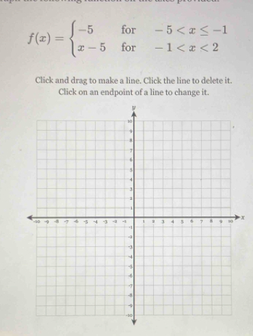 f(x)=beginarrayl -5for-5
Click and drag to make a line. Click the line to delete it. 
Click on an endpoint of a line to change it.
X