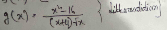 g(x)= (x^2-16)/(x+4)sqrt(x) 
diltorundition