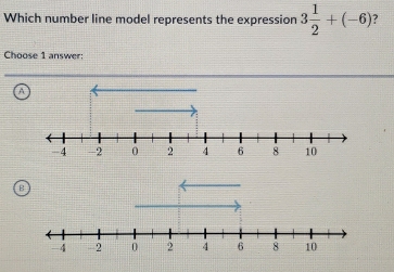 Which number line model represents the expression 3 1/2 +(-6) ? 
Choose 1 answer: 
A 
B