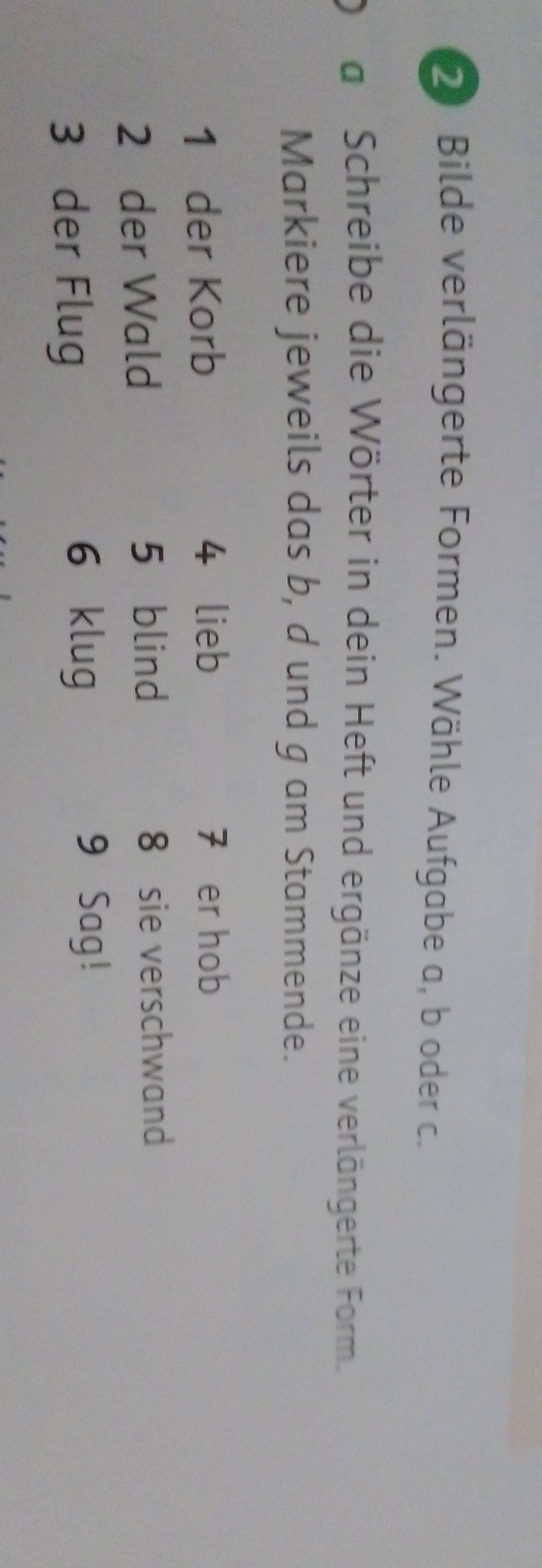 Bilde verlängerte Formen. Wähle Aufgabe a, b oder c. 
a Schreibe die Wörter in dein Heft und ergänze eine verlängerte Form. 
Markiere jeweils das b, d und g am Stammende. 
1 der Korb 4 lieb 7 er hob 
5 blind 
2 der Wald 8 sie verschwand 
3 der Flug 
6 klug
9 Sag!