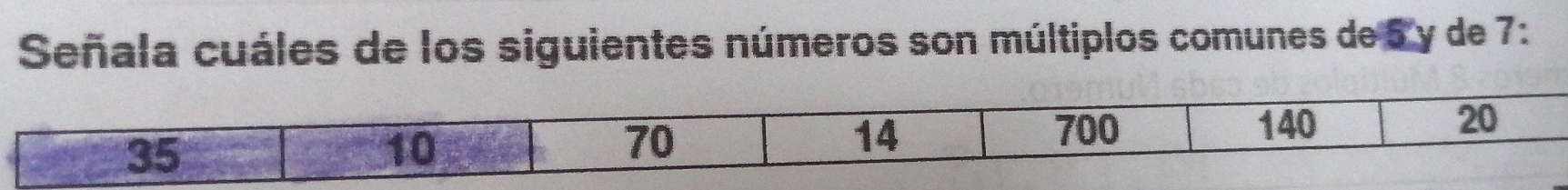 Señala cuáles de los siguientes números son múltiplos comunes de 5 y de 7 :