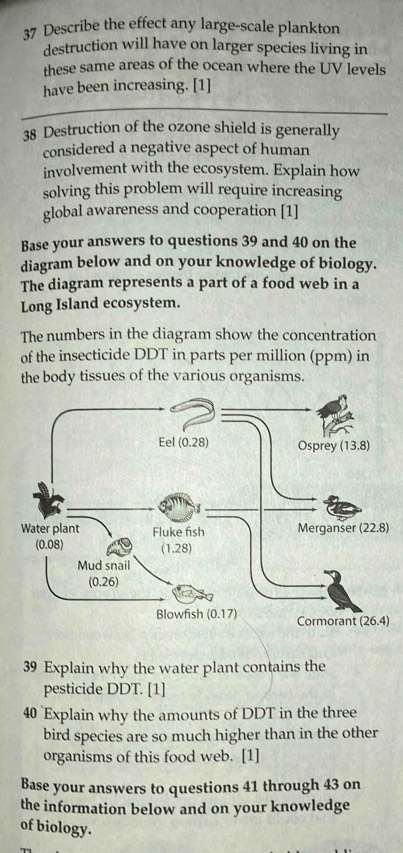 Describe the effect any large-scale plankton
destruction will have on larger species living in
these same areas of the ocean where the UV levels
have been increasing. [1]
38 Destruction of the ozone shield is generally
considered a negative aspect of human
involvement with the ecosystem. Explain how
solving this problem will require increasing
global awareness and cooperation [1]
Base your answers to questions 39 and 40 on the
diagram below and on your knowledge of biology.
The diagram represents a part of a food web in a
Long Island ecosystem.
The numbers in the diagram show the concentration
of the insecticide DDT in parts per million (ppm) in
the body tissues of the various organisms.
39 Explain why the water plant contains the
pesticide DDT. [1]
40 Explain why the amounts of DDT in the three
bird species are so much higher than in the other
organisms of this food web. [1]
Base your answers to questions 41 through 43 on
the information below and on your knowledge
of biology.