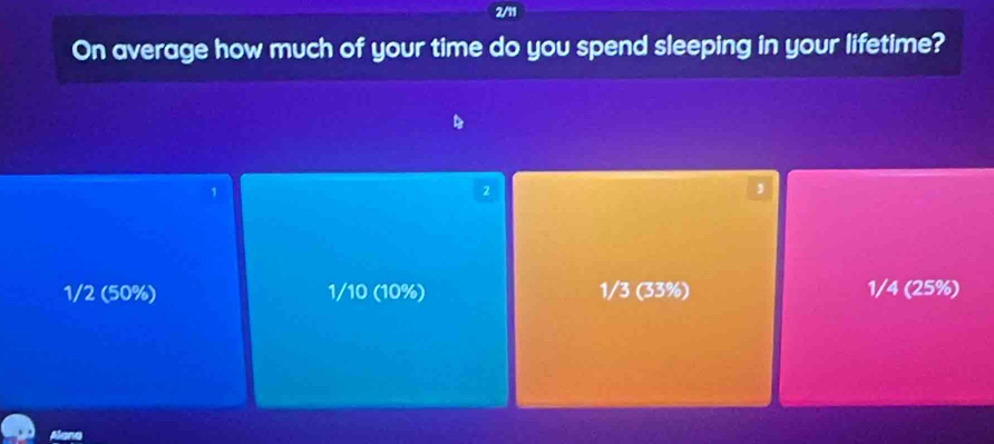 2/11
On average how much of your time do you spend sleeping in your lifetime?
1
2
,
1/2 (50%) 1/10 (10%) 1/3 (33%) 1/4 (25%)
and