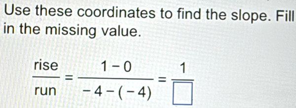 Use these coordinates to find the slope. Fill 
in the missing value.
 rise/run = (1-0)/-4-(-4) = 1/□  