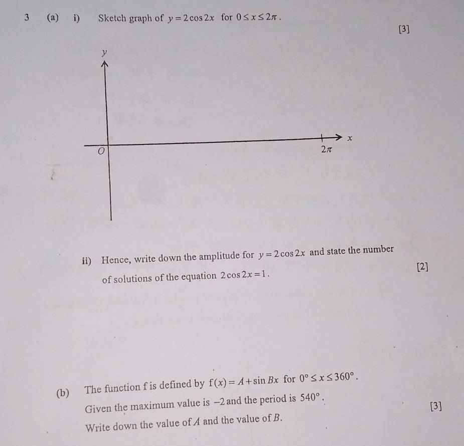 3 (a) i) Sketch graph of y=2cos 2x for 0≤ x≤ 2π. 
[3]
y
x
0
2π
ii) Hence, write down the amplitude for y=2cos 2x and state the number 
[2] 
of solutions of the equation 2cos 2x=1. 
(b) The function f is defined by f(x)=A+sin Bx for 0°≤ x≤ 360°. 
Given the maximum value is -2 and the period is 540°. 
[3] 
Write down the value of A and the value of B.