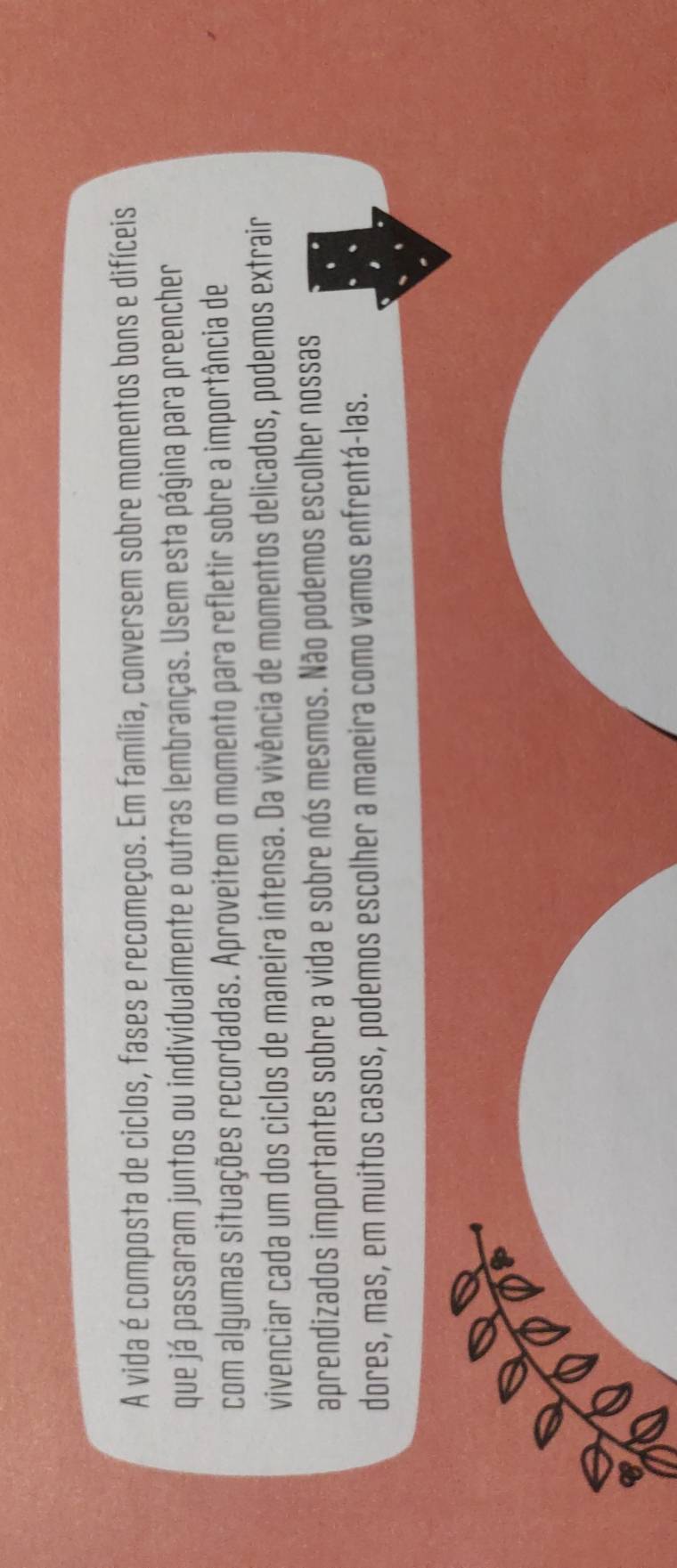 A vida é composta de ciclos, fases e recomeços. Em família, conversem sobre momentos bons e difíceis 
que já passaram juntos ou individualmente e outras lembranças. Usem esta página para preencher 
com algumas situações recordadas. Aproveitem o momento para refletir sobre a importância de 
vivenciar cada um dos ciclos de maneira intensa. Da vivência de momentos delicados, podemos extrair 
aprendizados importantes sobre a vida e sobre nós mesmos. Não podemos escolher nossas 
dores, mas, em muitos casos, podemos escolher a maneira como vamos enfrentá-las.