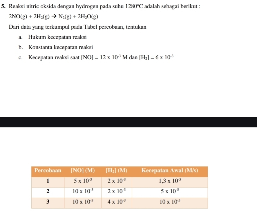 Reaksi nitric oksida dengan hydrogen pada suhu 1280°C adalah sebagai berikut :
2NO(g)+2H_2(g)to N_2(g)+2H_2O(g)
Dari data yang terkumpul pada Tabel percobaan, tentukan
a. Hukum kecepatan reaksi
b. Konstanta kecepatan reaksi
c. Kecepatan reaksi saat [NO]=12* 10^(-3)M dan [H_2]=6* 10^(-3)