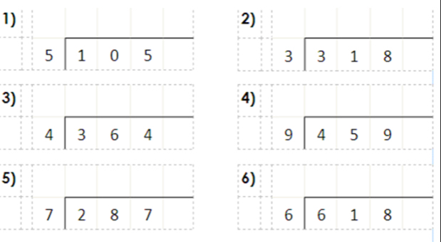 beginarrayr 5encloselongdiv 105endarray
beginarrayr 3encloselongdiv 318endarray
3) ·s ·s ·s
4)
□ 
5) beginarrayr 4encloselongdiv 364 7encloselongdiv 287endarray
beginarrayr 9encloselongdiv 459endarray
6) □^((circ)^1 beginarray)r 6encloselongdiv 618endarray