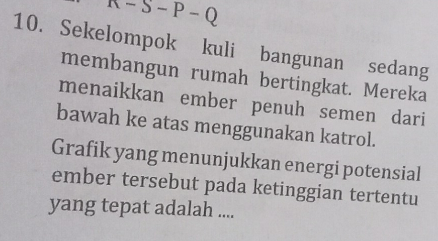 -5-P-Q
10. Sekelompok kuli bangunan sedang 
membangun rumah bertingkat. Mereka 
menaikkan ember penuh semen dari 
bawah ke atas menggunakan katrol. 
Grafik yang menunjukkan energi potensial 
ember tersebut pada ketinggian tertentu 
yang tepat adalah ....