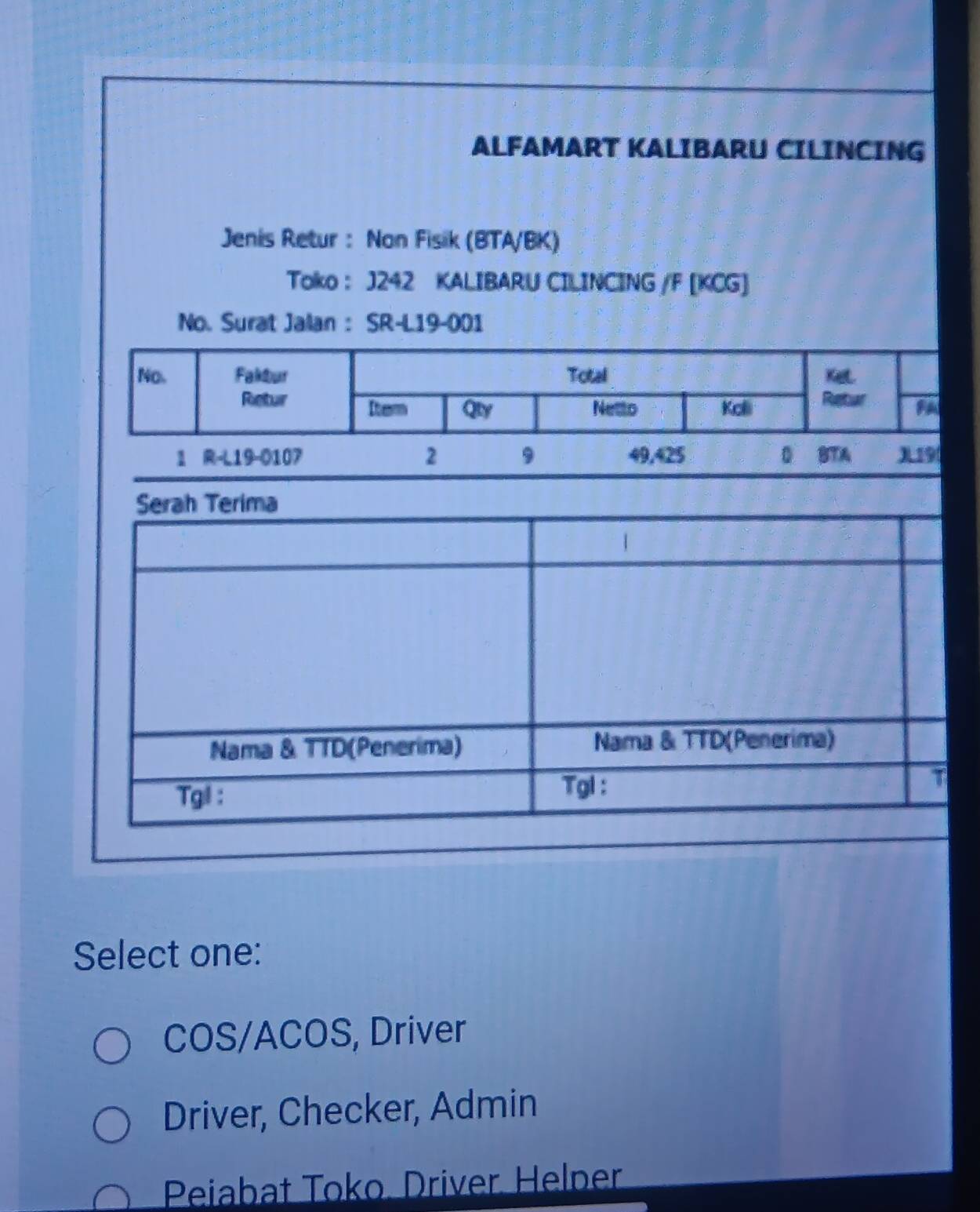 ALFAMART KALIBARU CILINCING
Jenis Retur : Non Fisik (BTA/BK)
Toko : J242 KALIBARU CILINCING /F [KCG]
Select one:
COS/ACOS, Driver
Driver, Checker, Admin
Peiabat Toko. Driver Helper
