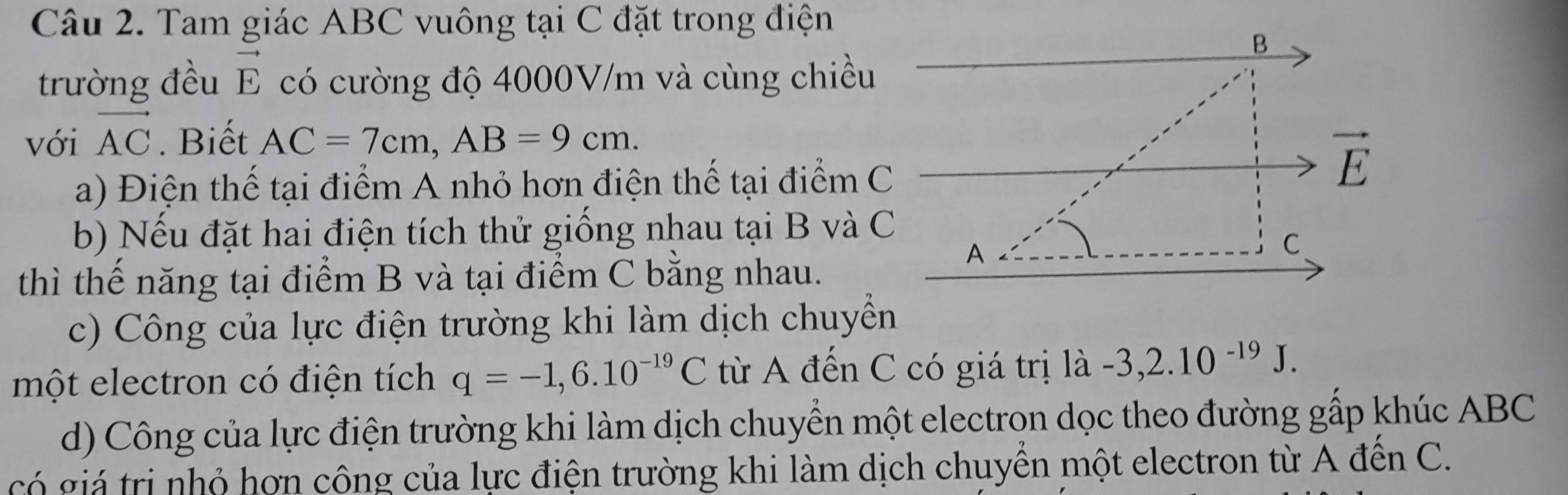 Tam giác ABC vuông tại C đặt trong điện 
B 
trường đều vector E có cường độ 4000V/m và cùng chiều 
với vector AC. Biết AC=7cm, AB=9cm. 
a) Điện thế tại điểm A nhỏ hơn điện thế tại điểm C
vector E
b) Nếu đặt hai điện tích thử giống nhau tại B và C
C 
thì thế năng tại điểm B và tại điểm C bằng nhau. 
A 
c) Công của lực điện trường khi làm dịch chuyển 
một electron có điện tích q=-1,6.10^(-19)C từ A đến C có giá trị la-3, 2.10^(-19)J. 
d) Công của lực điện trường khi làm dịch chuyển một electron dọc theo đường gấp khúc ABC
có giá trị nhỏ hợn công của lực điện trường khi làm dịch chuyền một electron từ A đến C.