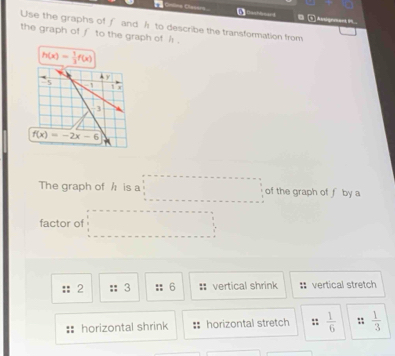 Cmiline Ctasers 1Bachooard □  Ausignment 9
Use the graphs of f and / to describe the transformation from
the graph of ∫ to the graph of / .
The graph of / is a □ =□ of the graph of f by a
factor of □
2 3 6 vertical shrink vertical stretch
horizontal shrink horizontal stretch ::  1/6  :;  1/3 