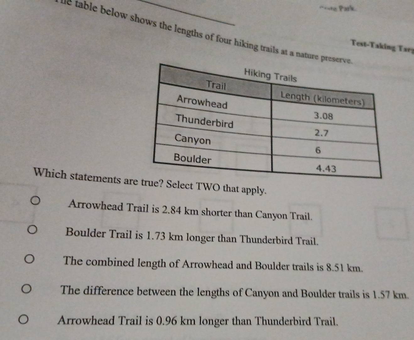 Arrowhead Trail is 2.84 km shorter than Canyon Trail.
Boulder Trail is 1.73 km longer than Thunderbird Trail.
The combined length of Arrowhead and Boulder trails is 8.51 km.
The difference between the lengths of Canyon and Boulder trails is 1.57 km.
Arrowhead Trail is 0.96 km longer than Thunderbird Trail.