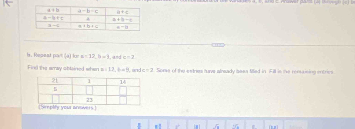 the  vanables a, b, and C. Answer parts (a) through (e ) b
b. Repeat part (a) for a=12,b=9 , and c=2
Find the array obtained when a=12,b=9 , and c=2. Some of the entries have already been filled in. Fill in the remaining entries
ur answers)
□^3 m sqrt(□ ) sqrt[3](8) B. (11) ,