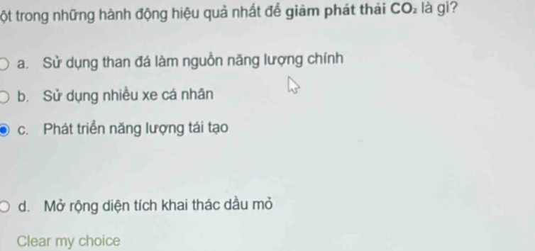 tột trong những hành động hiệu quả nhất để giảm phát thải CO_2 là gì?
a. Sử dụng than đá làm nguồn năng lượng chính
b. Sử dụng nhiều xe cá nhân
c. Phát triển năng lượng tái tạo
d.Mở rộng diện tích khai thác dầu mỏ
Clear my choice