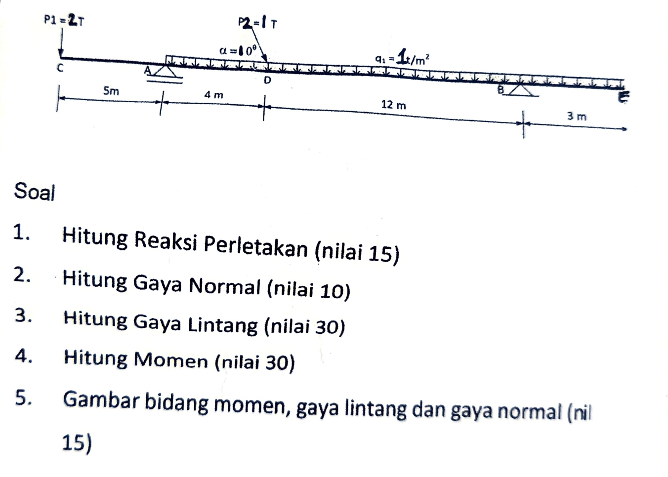 Soal
1. Hitung Reaksi Perletakan (nilai 15)
2. Hitung Gaya Normal (nilai 10)
3. Hitung Gaya Lintang (nilai 30)
4. Hitung Momen (nilai 30)
5. Gambar bidang momen, gaya lintang dan gaya normal (nil
15)