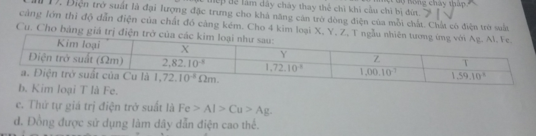 ng cháy thậ p
lệp để làm dây chảy thay thế chì khi cầu chì bị đứt.
17. Điện trở suất là đại lượng đặc trưng cho khả năng cản trở dòng điện của mỗi chất. Chất có điện trở suất
càng lớn thì độ dẫn điện của chất đó càng kém. Cho 4 kim loại X, Y, Z, T n
Cu. Cho bảng giá trị điện 
Kim loại T là Fe.
c. Thứ tự giá trị điện trở suất là Fe>Al>Cu>Ag.
d. Đồng được sử dụng làm dây dẫn điện cao thế.