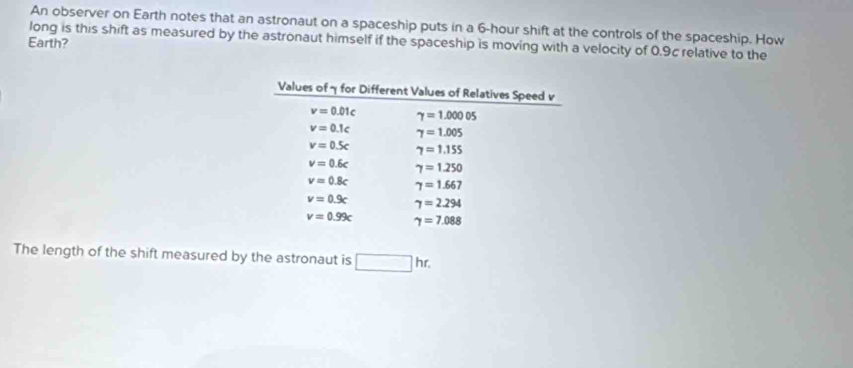 An observer on Earth notes that an astronaut on a spaceship puts in a 6-hour shift at the controls of the spaceship. How
Earth? long is this shift as measured by the astronaut himself if the spaceship is moving with a velocity of 0.9c relative to the
The length of the shift measured by the astronaut is □ hr.