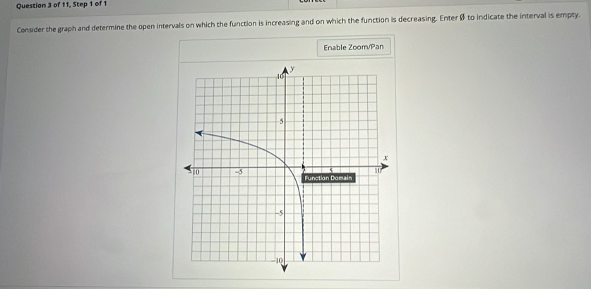 of 11, Step 1 of 1 
Consider the graph and determine the open intervals on which the function is increasing and on which the function is decreasing. Enter Ø to indicate the interval is empty. 
Enable Zoom/Pan