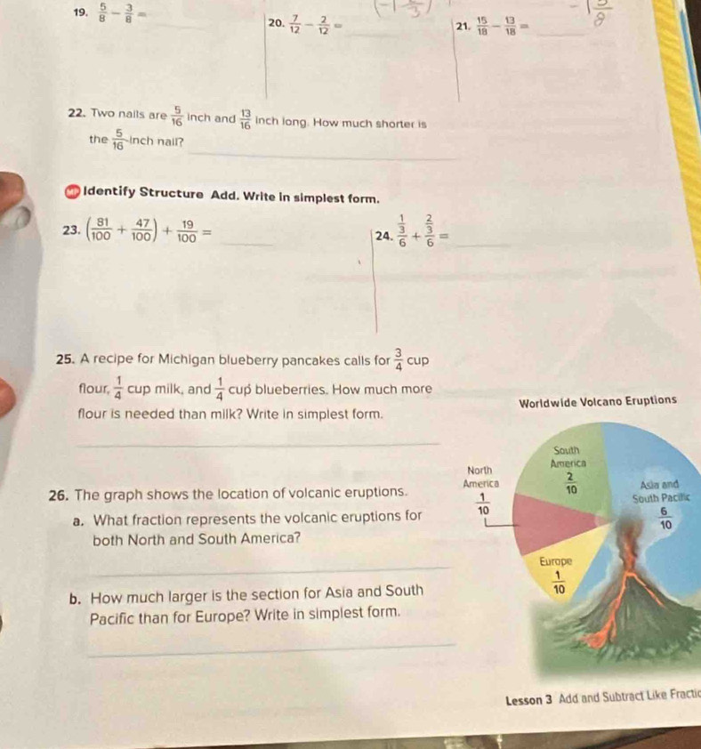  5/8 - 3/8 = 20.  7/12 - 2/12 = 21.  15/18 - 13/18 = _
_
22. Two nails are  5/16  inch and  13/16  inch long. How much shorter is
the  5/16  inch nail?
_
Identify Structure Add. Write in simplest form.
23. ( 81/100 + 47/100 )+ 19/100 = _24. frac  1/3 6+frac  2/3 6= _
25. A recipe for Michigan blueberry pancakes calls for  3/4 cu p
flour,  1/4 cupmill k and  1/4 cup blueberries. How much more
flour is needed than milk? Write in simplest form. 
_
26. The graph shows the location of volcanic eruptions. ic
a. What fraction represents the volcanic eruptions for 
both North and South America?
_
b. How much larger is the section for Asia and South
Pacific than for Europe? Write in simplest form.
_
Lesson 3 Add and Subtract Like Fracti