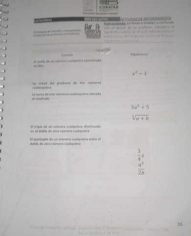 Co bata= 
''mmón aus goava cpsdós'' 1 1o 1 
actividad de reforzamiento 
PMZSA EActoz Instrucciones: En bines o triadas, y contando 
= a tatación de prodcón y reolt ara s El Frosasm de Iasariórs y rersattenta un el apoyo de tu profesur, completa en 
laaen t e cadro en e l co st de be r a s tra d e 
Común Algebraico 
an diey El dable de us número cualquiera somentado
x^2-1
cuafesqutera La mitad del producto de dos nómeros 
af cuadrado La suma de tres números cualesquiera elevada
3a^2+5
sqrt[3](a+b)
El triple de un número cualquiera disminuido 
es el doble de otro número cuaíquiero 
doble de otro número cualquiera El quíntuple de un número cualquiera entre el
 3/4 z
 a^3/2b 
55
Paseo fa ChocaNv 100 Col Talasco 2000 C P9 86033 Villaberaosa. Talasco,"M N