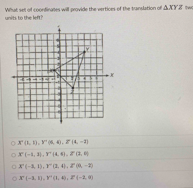 What set of coordinates will provide the vertices of the translation of △ XYZ twc
units to the left?
X'(1,1), Y'(6,4), Z'(4,-2)
X'(-1,3), Y'(4,6), Z'(2,0)
X'(-3,1), Y'(2,4), Z'(0,-2)
X'(-3,1), Y'(1,4), Z'(-2,0)