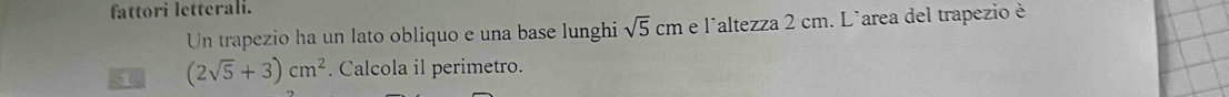fattori letterali. 
Un trapezio ha un lato obliquo e una base lunghi sqrt(5)cm e l'altezza 2 cm. L'area del trapezio è 
1 (2sqrt(5)+3)cm^2. Calcola il perimetro.