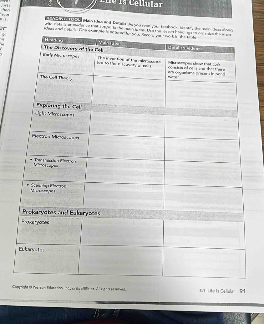 just 

Lie Is Cellular 
then 
liscor 
n is i 
READING TOOL Main Idea and Details As you read your textbook, identify the main idea 
r 
with details or evidence that supports the main i 
ideas and det 
his 
g( 
he 
Copyright © Pearson Education, Inc., or its affiliates. All rights reserved. 8.1 Life Is Cellular 91