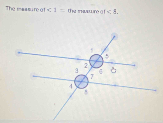 The measure of <1= the measure of <8</tex>.