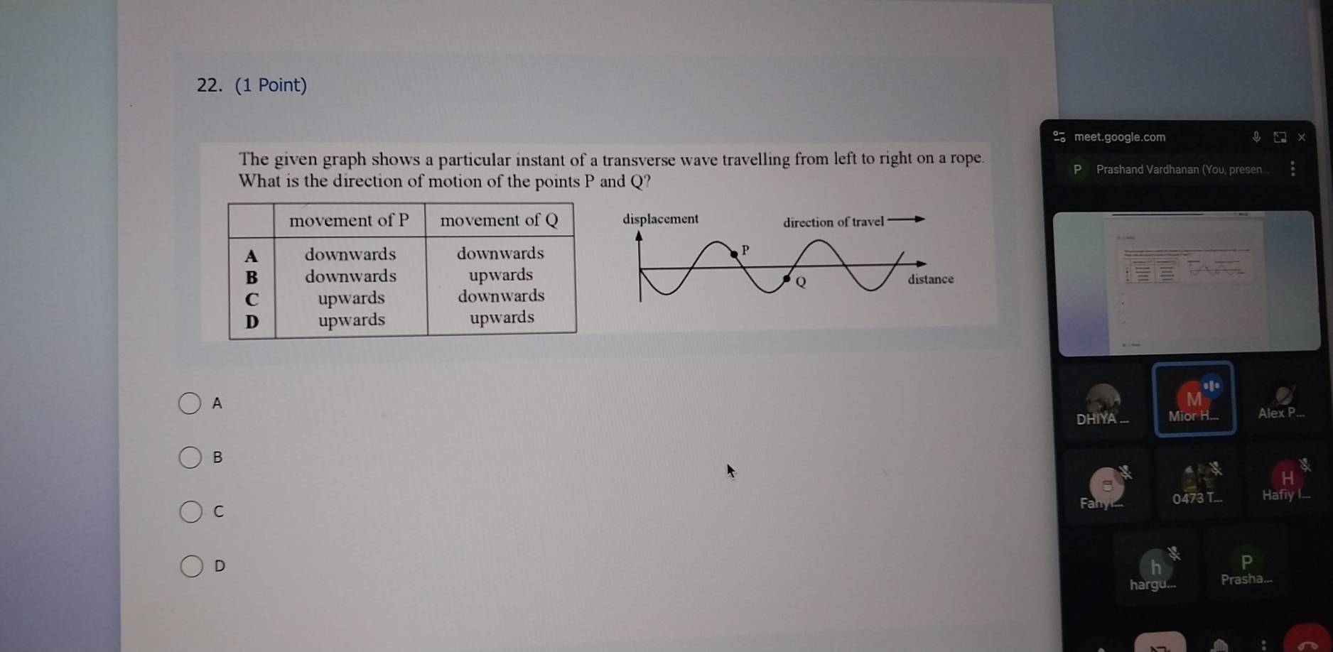 meet.google.com
The given graph shows a particular instant of a transverse wave travelling from left to right on a rope.
Prashand Vardhanan (You, presen
What is the direction of motion of the points P and Q?
A
DHIYA .. Mior H
B
0473T
C
D
Prasha..