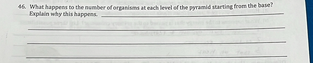 What happens to the number of organisms at each level of the pyramid starting from the base? 
Explain why this happens._ 
_ 
_ 
_