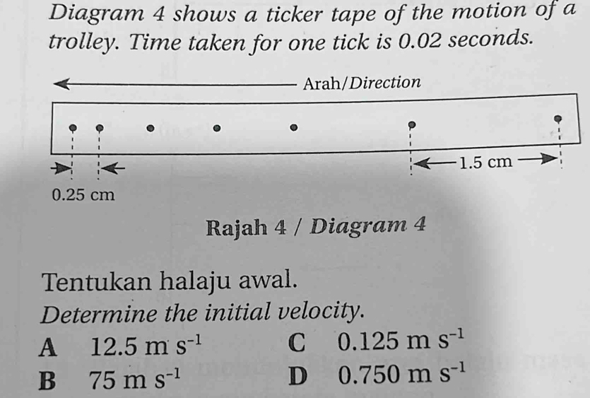 Solved: Diagram 4 shows a ticker tape of the motion of a trolley. Time ...