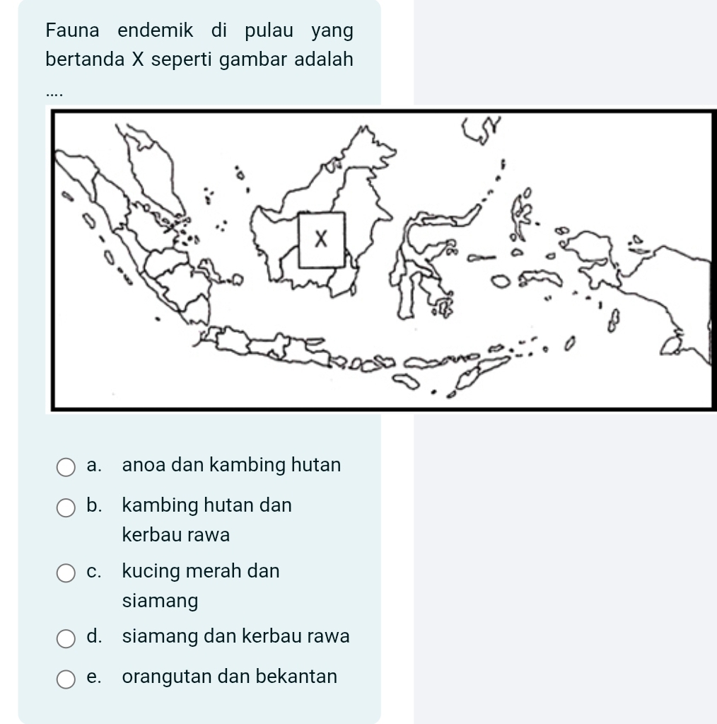 Fauna endemik di pulau yang
bertanda X seperti gambar adalah
…
a. anoa dan kambing hutan
b. kambing hutan dan
kerbau rawa
c. kucing merah dan
siamang
d. siamang dan kerbau rawa
e. orangutan dan bekantan