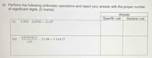 Perform the following arithmetic operations and report your answer with the proper number
of significant digits. [5 marks]