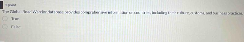 The Global Road Warrior database provides comprehensive information on countries, including their culture, customs, and business practices.
True
False