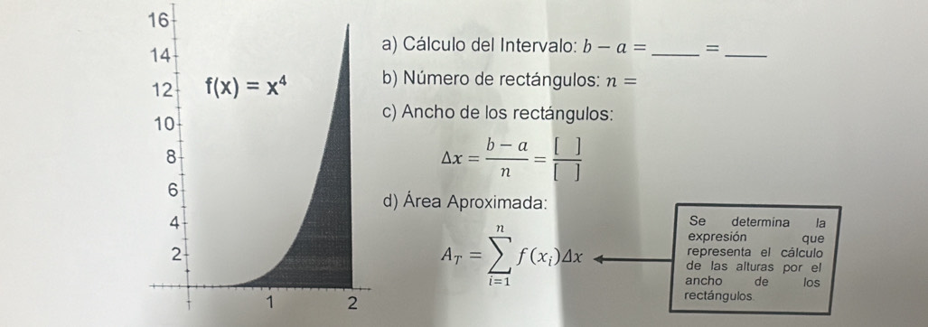 Cálculo del Intervalo: b-a= _=_
b) Número de rectángulos: n=
c) Ancho de los rectángulos:
△ x= (b-a)/n = []/[] 
d) Área Aproximada:
A_T=sumlimits _(i=1)^nf(x_i)△ x
Se determina la
expresión que
representa el cálculo
de las alturas por el
ancho de los
rectángulos