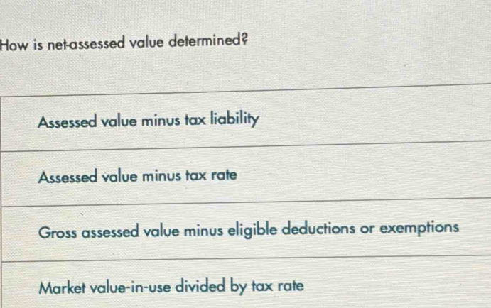 How is net-assessed value determined?
Assessed value minus tax liability
Assessed value minus tax rate
Gross assessed value minus eligible deductions or exemptions
Market value-in-use divided by tax rate