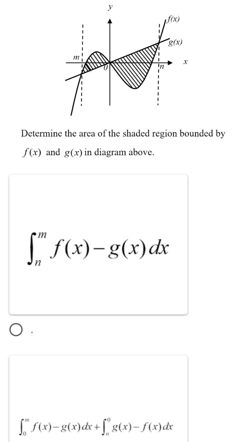 Determine the area of the shaded region bounded by
f(x) and g(x) in diagram above.
∈t _n^mf(x)-g(x)dx
∈t _0^mf(x)-g(x)dx+∈t _n^0g(x)-f(x)dx