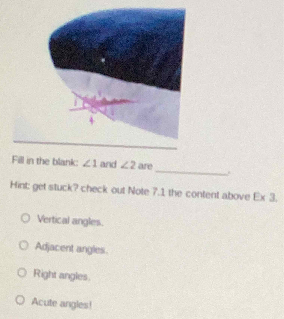 Fill in the blank: ∠ 1 and ∠ 2 are
Hint: get stuck? check out Note 7.1 the content above Ex 3.
Vertical angles.
Adjacent angles.
Right angles.
Acute angles!