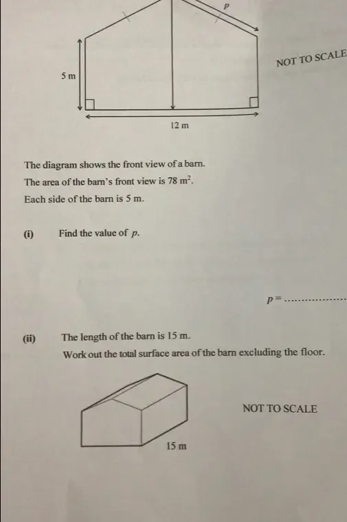 Solved: NOT TO SCALE The diagram shows the front view of a barn. The ...