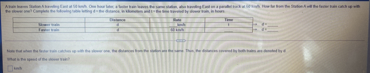 A train leaves Station A traveling East at 50 km/h. One hour later, a faster train leaves the same station, also traveling East on a parallel track at 50 k/h. How far from the Station A will the faster train catch up with
the slower one? Complete the following table letting d=t he distance, in kilometers and t' the time traveled by slower train, in hours.
Note that when the faster train catches up with the slower one, the distances from the station are the same. Thus, the distances covered by both trains are denoted by d
What is the speed of the slower train?
km/h