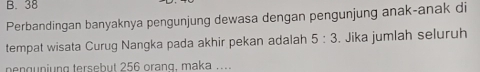 B. 38
Perbandingan banyaknya pengunjung dewasa dengan pengunjung anak-anak di
tempat wisata Curug Nangka pada akhir pekan adalah 5:3. Jika jumlah seluruh
nenguniung tersebut 256 orang, maka ...