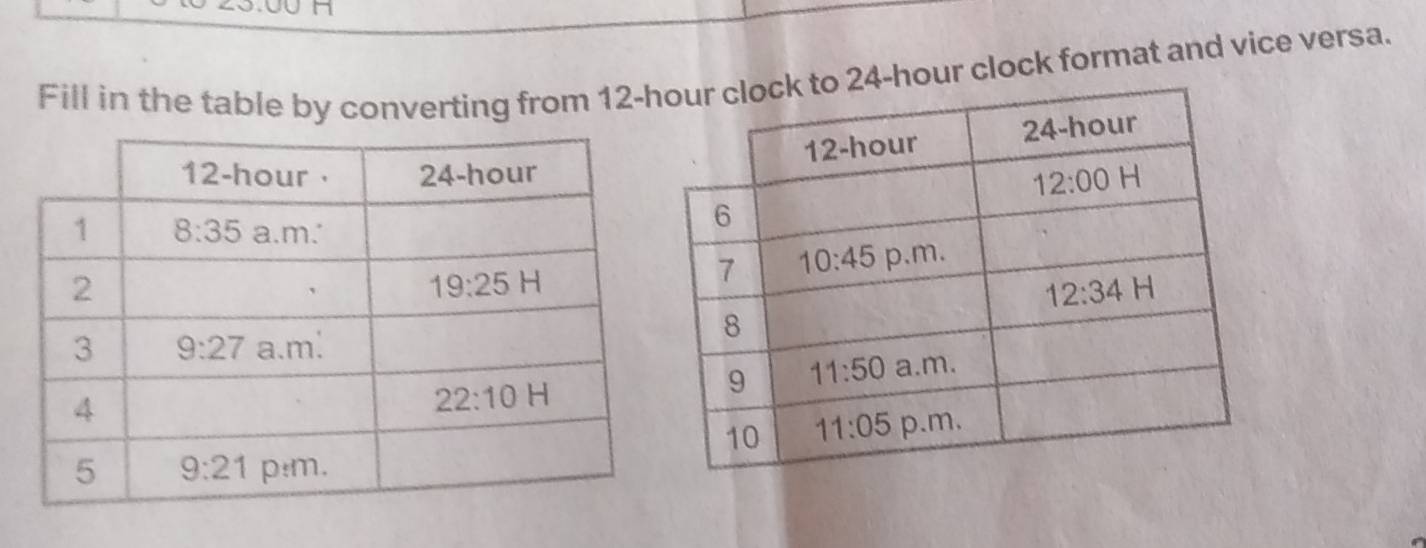 Fill in the table by converting from 12-4-hour clock format and vice versa.