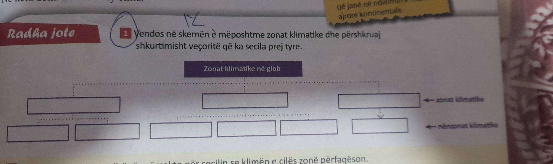 që janë në ndikimin 
ajrore kontinentale. 
Radha jote L Vendos në skemën è mëposhtme zonat klimatike dhe përshkruaj 
shkurtimisht veçoritë që ka secila prej tyre. 
Zonat klimatike në glob 
zonat kiimatike 
nënzonat kiimatike 
cilin se klimën e cilës zonë përfagëson.